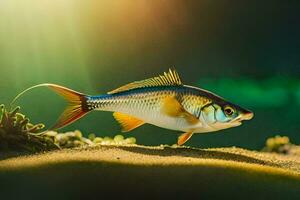 un pescado es en pie en el arena con el Dom brillante. generado por ai foto