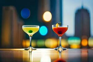 two cocktails on a table in front of a city skyline. AI-Generated photo