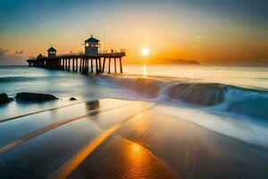 un muelle con olas estrellarse dentro eso a puesta de sol. generado por ai foto