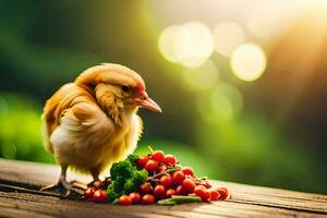 a small chicken is standing on a wooden table with berries. AI-Generated photo