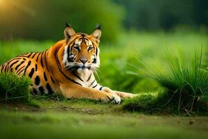 a tiger is laying in the grass. AI-Generated photo