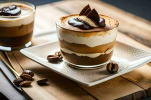 two dessert cups with chocolate and coffee beans. AI-Generated photo