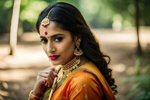 beautiful indian bride in traditional sari. AI-Generated photo