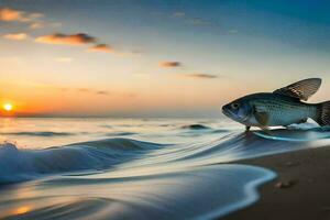 un pescado es en pie en el playa a puesta de sol. generado por ai foto