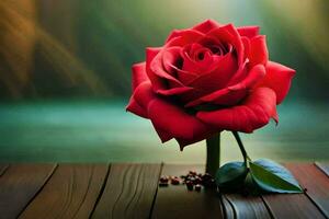 a single red rose on a wooden table. AI-Generated photo