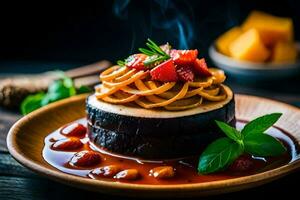 a dessert with fruit and spices on a plate. AI-Generated photo