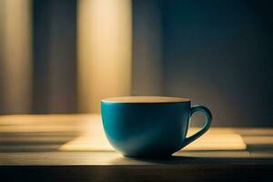 a blue cup sitting on a wooden table. AI-Generated photo