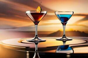 two cocktails sit on a table with a sunset in the background. AI-Generated photo