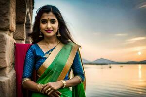 un hermosa indio mujer en un verde sari. generado por ai foto