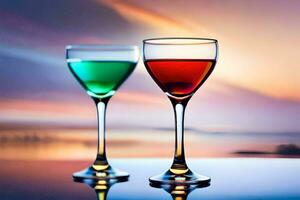two glasses of colored liquid sit on a table. AI-Generated photo