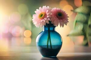 a blue vase with pink flowers on a table. AI-Generated photo