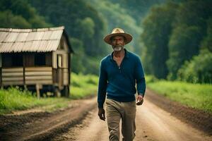 a man in a hat walks down a dirt road. AI-Generated photo