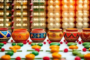 colorful pots and candles are arranged on a table. AI-Generated photo