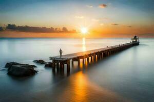 un hombre soportes en un muelle a puesta de sol. generado por ai foto