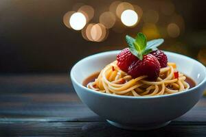 spaghetti with strawberries and mint leaves in a bowl. AI-Generated photo