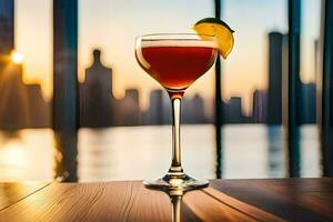 a cocktail sitting on a table in front of a city skyline. AI-Generated photo