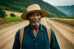 an older man wearing a hat and standing on a dirt road. AI-Generated photo