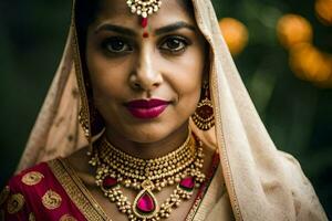 un hermosa indio novia vistiendo tradicional joyería. generado por ai foto