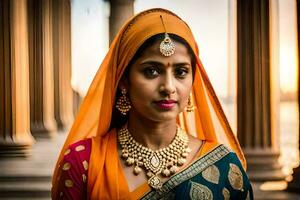 a beautiful indian woman wearing a sari and jewelry. AI-Generated photo