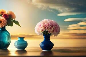 Tres floreros con flores en un mesa en frente de el océano. generado por ai foto