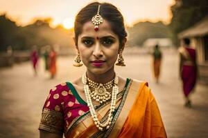 un hermosa indio mujer en tradicional atuendo. generado por ai foto