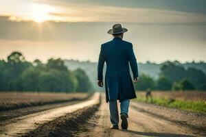 un hombre en un sombrero y Saco caminando abajo un suciedad la carretera. generado por ai foto