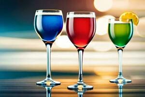 three glasses of colored liquid with a lemon slice. AI-Generated photo