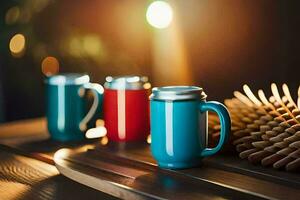 three colorful mugs sit on a wooden table. AI-Generated photo