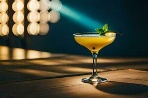 a cocktail sitting on a table in front of a bright light. AI-Generated photo