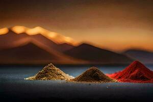 three different types of spices are shown in front of a mountain. AI-Generated photo