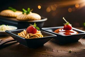 two bowls of pasta with strawberries on top. AI-Generated photo