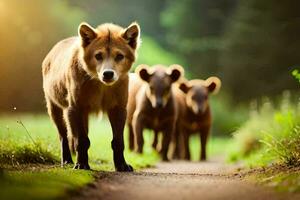 a group of brown bears walking down a path. AI-Generated photo