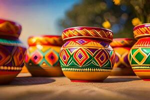 colorful pots on a table with a sun in the background. AI-Generated photo