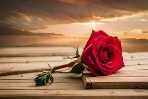 a single red rose sits on a wooden table in front of a sunset. AI-Generated photo