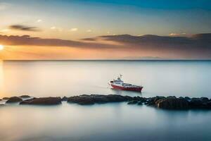 un barco es flotante en el Oceano a puesta de sol. generado por ai foto