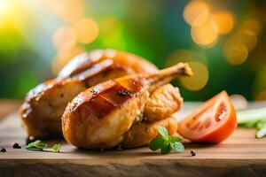 chicken on a wooden cutting board with tomatoes and herbs. AI-Generated photo