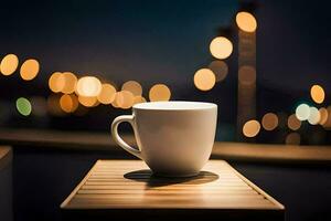 a coffee cup on a table in front of a city skyline. AI-Generated photo