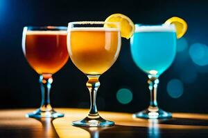 three glasses of different colored drinks on a table. AI-Generated photo