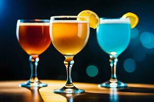 three glasses of different colored drinks on a table. AI-Generated photo