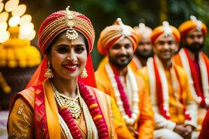 un novia y novio en tradicional indio atuendo. generado por ai foto