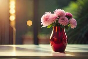 a red vase with pink flowers on a table. AI-Generated photo