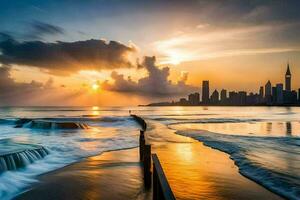 el Dom sube terminado el ciudad horizonte en esta foto. generado por ai foto