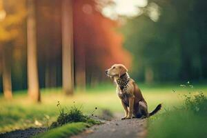 un perro sentado en el la carretera en un parque. generado por ai foto