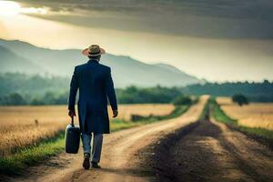 a man in a suit and hat walking down a dirt road with a suitcase. AI-Generated photo