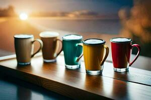 five coffee cups lined up on a wooden tray. AI-Generated photo