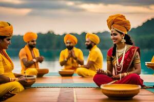 a group of women in yellow turbans sitting on the ground. AI-Generated photo