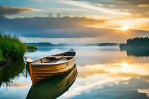 the boat is on the calm water at sunset. AI-Generated photo