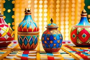colorful vases on a table with a gold background. AI-Generated photo