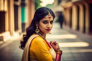 a beautiful indian woman in a yellow sari. AI-Generated photo