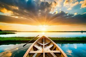 the sun rises over the water in a canoe. AI-Generated photo